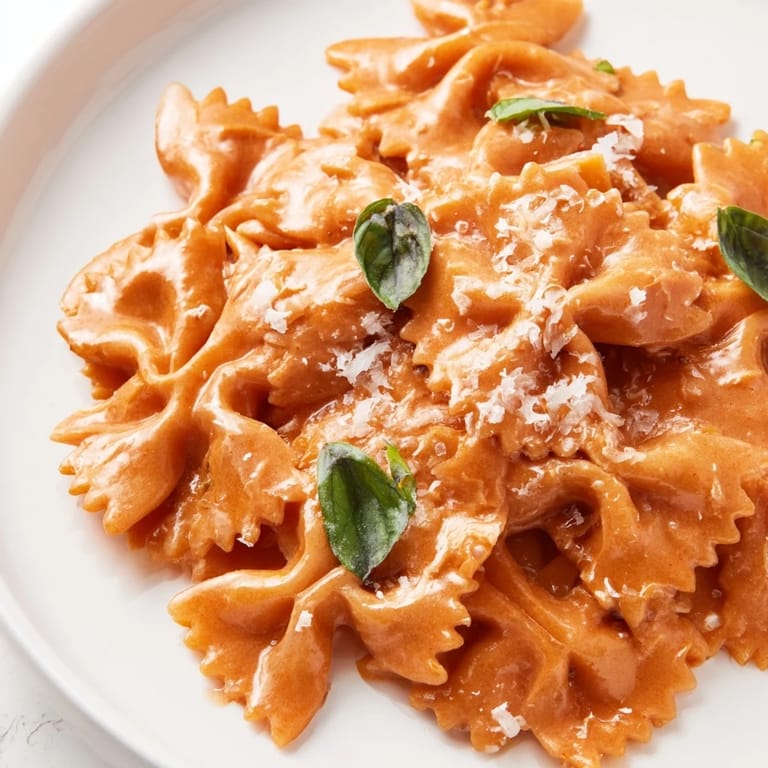 A fork lifts a twirl of Tomato Basil Bowtie Pasta, highlighting the silky, rich sauce clinging to each pasta bow.  