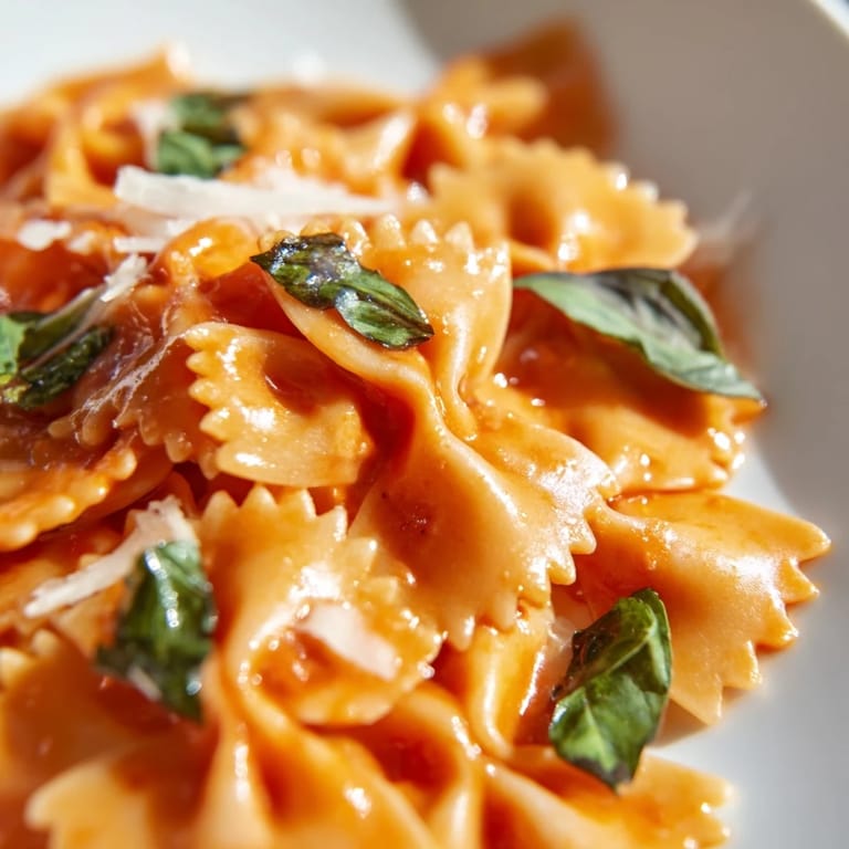 Close-up of Tomato Basil Bowtie Pasta with vibrant red sauce and fresh basil, perfect for a comforting weeknight dinner.