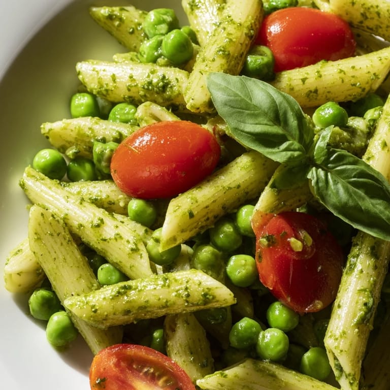 Top-down view of a serving of Green Pesto Pasta Salad on a rustic wooden table, garnished with fresh basil leaves and a light drizzle of olive oil.  