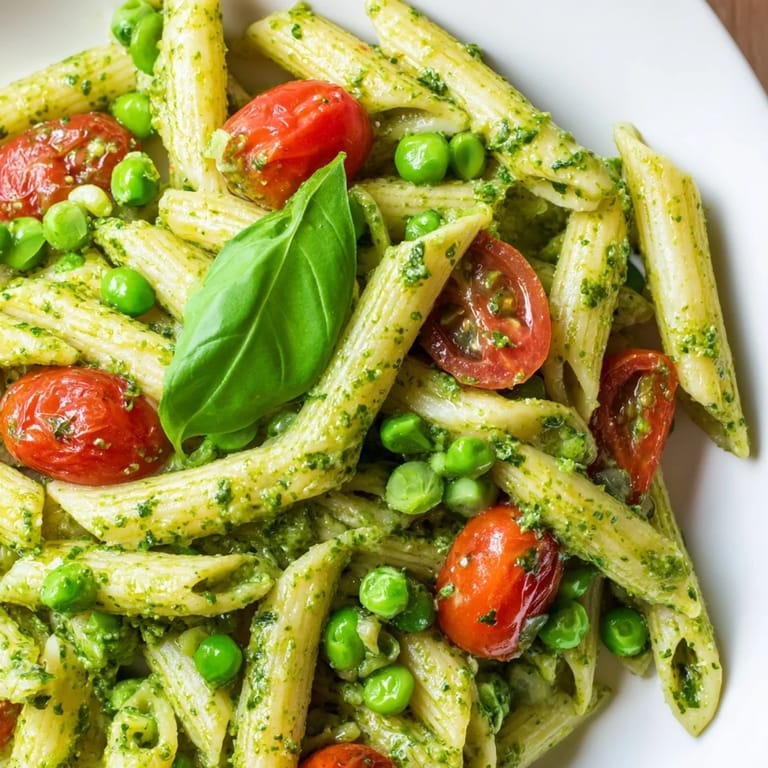 A fork lifts a portion of Green Pesto Pasta Salad, revealing tender pasta, peas, and cherry tomatoes tossed in aromatic basil pesto.