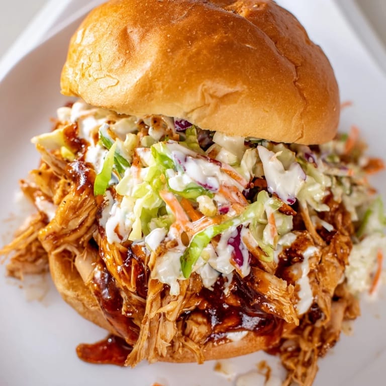 A golden toasted brioche bun cradles saucy pulled barbecue chicken and a generous scoop of fresh, crisp slaw.