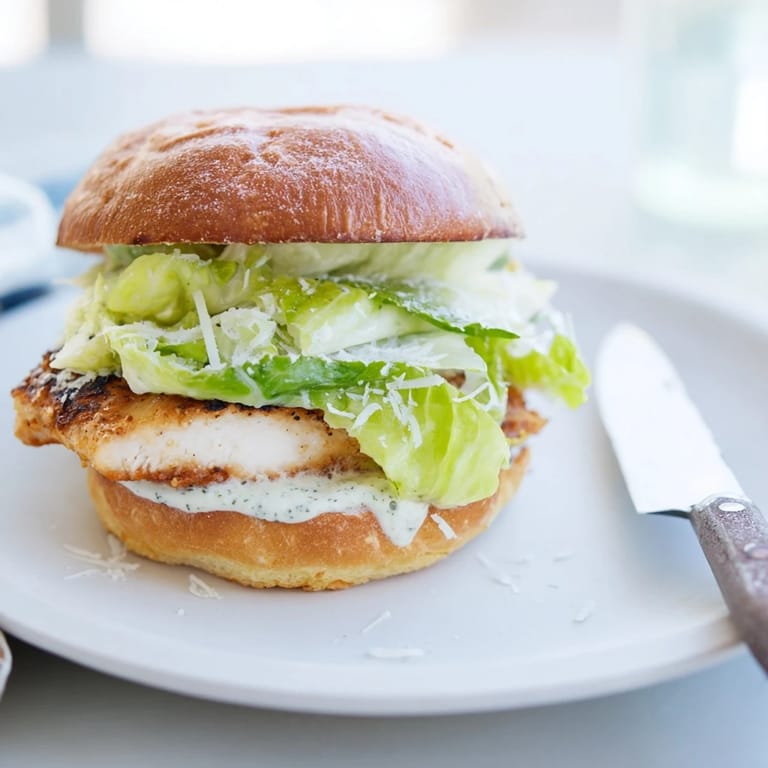 A Caesar Chicken Sandwich with juicy grilled chicken, fresh romaine, and melted Parmesan on a buttery toasted bun.