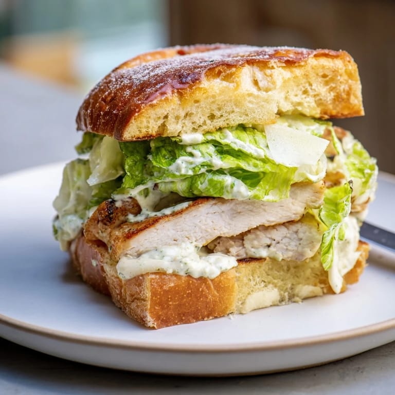 Savory Caesar Chicken Sandwich featuring golden grilled chicken, crunchy lettuce, and extra Caesar dressing, ready to serve.