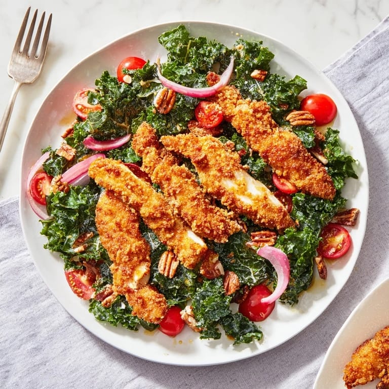 A vibrant bowl of Crispy Chicken Kale Salad topped with sliced chicken, red onion, pecans, and shaved Parmesan, ready to enjoy.  