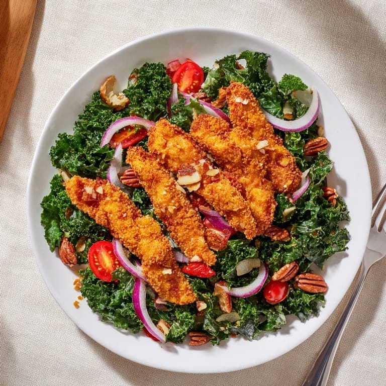Close-up of Crispy Chicken Kale Salad featuring crunchy breaded chicken strips on massaged kale and a glistening maple-Dijon dressing.