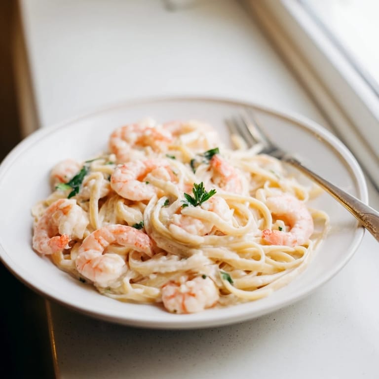 A skillet of Creamy Garlic Shrimp Pasta with al dente linguine and plump shrimp, featuring a rich parmesan and garlic cream sauce for an easy weeknight meal.