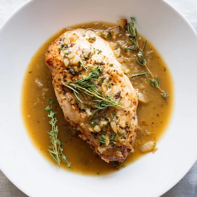 Freshly cooked Honey Dijon Chicken Skillet garnished with chopped parsley, resting in a bubbling, sweet and tangy sauce.