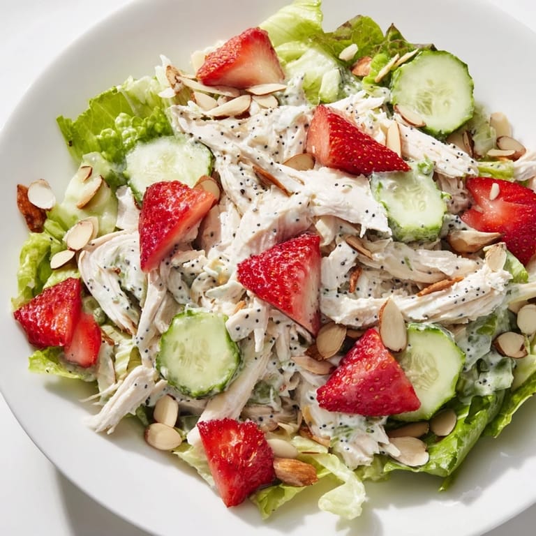 This Strawberry Poppy Seed Chicken Salad features mixed greens, feta crumbles, and toasted almonds, tossed in a sweet poppy seed dressing.