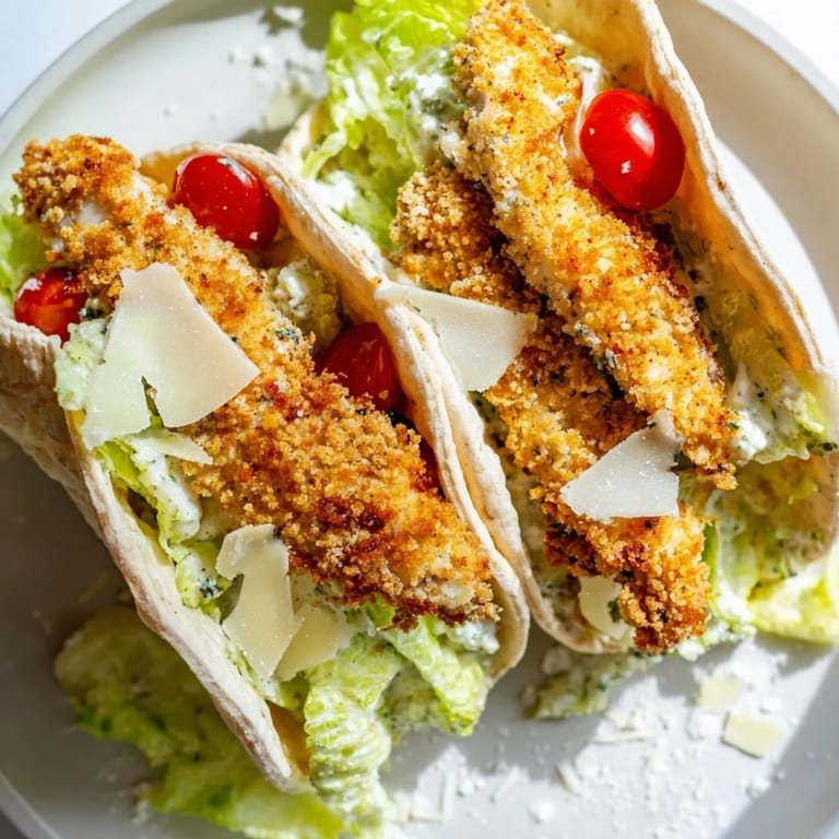 A close-up of crispy chicken Caesar pita halves showing tender chicken, fresh greens, and melty Parmesan against a rustic wooden background.