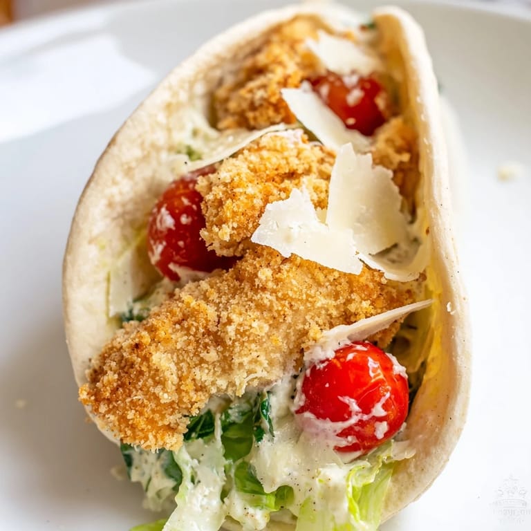 Homemade crispy chicken Caesar pita, ready to serve with lemon wedges and extra dressing, perfect for a quick handheld lunch.