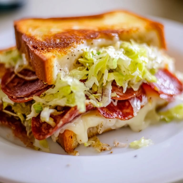 Two halves of an Italian sub grilled cheese stacked to show the melted provolone and salami layers.