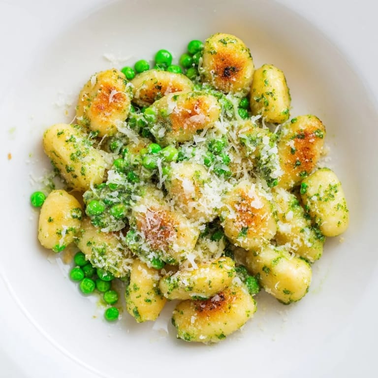 Pesto Pea Gnocchi Skillet served in a rustic dish, topped with fresh basil leaves and a sprinkle of Parmesan.