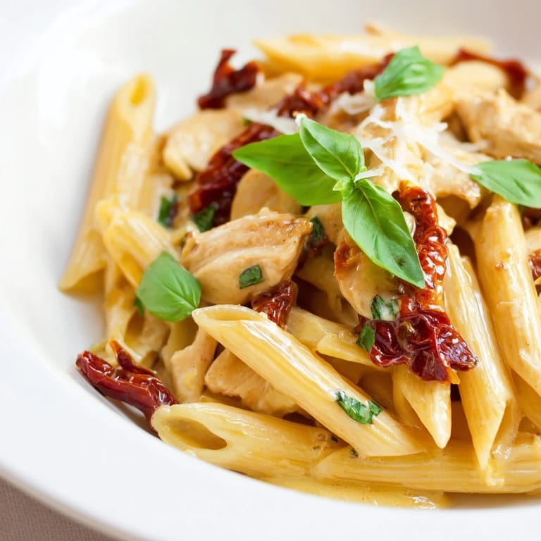 Serve Creamy Sun-Dried Tomato Chicken Pasta in a shallow bowl, garnished with fresh basil and extra grated Parmesan cheese.
