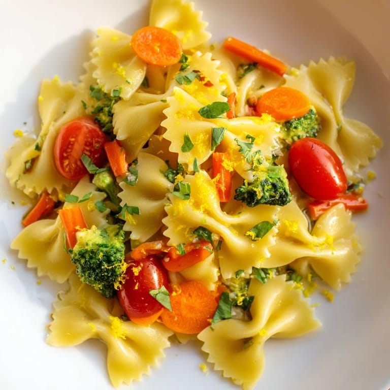 Bow-tie pasta primavera is served warm, garnished with fresh basil and a sprinkle of Parmesan, alongside a glass of crisp white wine.