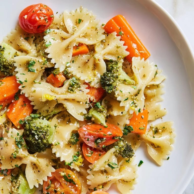 A colorful vegetarian pasta dish features crisp red bell peppers and yellow squash mixed with tender farfalle in a zesty lemon-herb sauce.