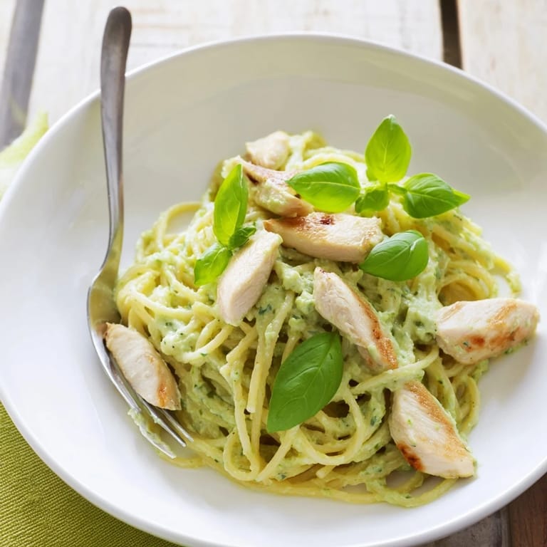 Close-up of creamy avocado chicken pasta, highlighting the silky avocado sauce clinging to the noodles and grated Parmesan cheese.