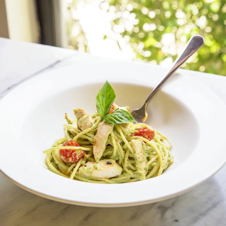 Sliced grilled chicken rests atop a bed of creamy avocado chicken pasta, with a sprinkle of red pepper flakes for extra heat.