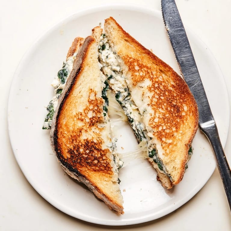 A close-up of a warm, sliced Feta & Spinach Stuffed Grilled Cheese, revealing layers of green spinach and tangy feta on a rustic plate.  