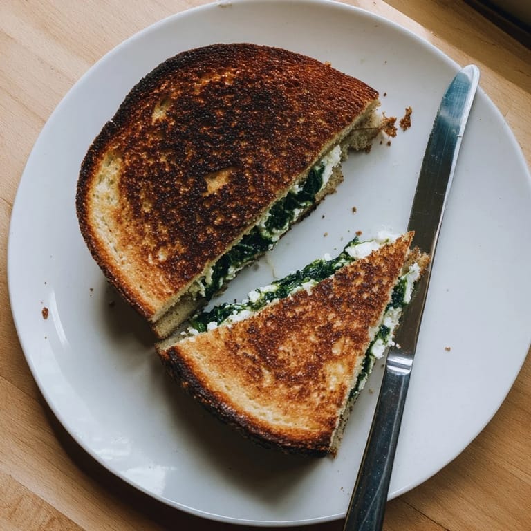 Homemade Feta & Spinach Stuffed Grilled Cheese sandwich resting on a wooden cutting board, ready to be dipped in a bowl of tomato soup.
