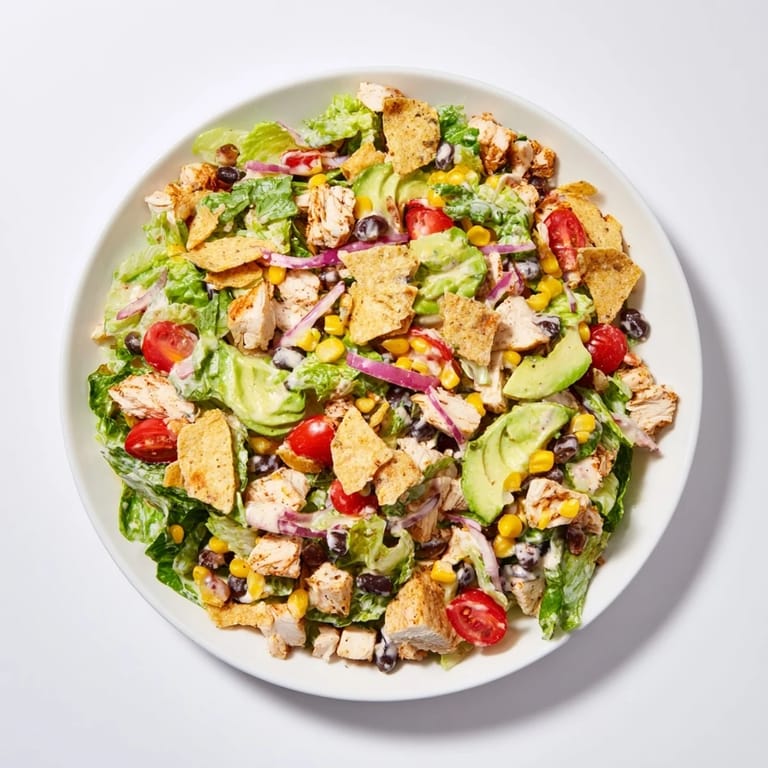 Overhead view of a hearty Chicken Taco Chopped Salad garnished with lime wedges and crunchy tortilla chips, served as a colorful Tex-Mex main dish.