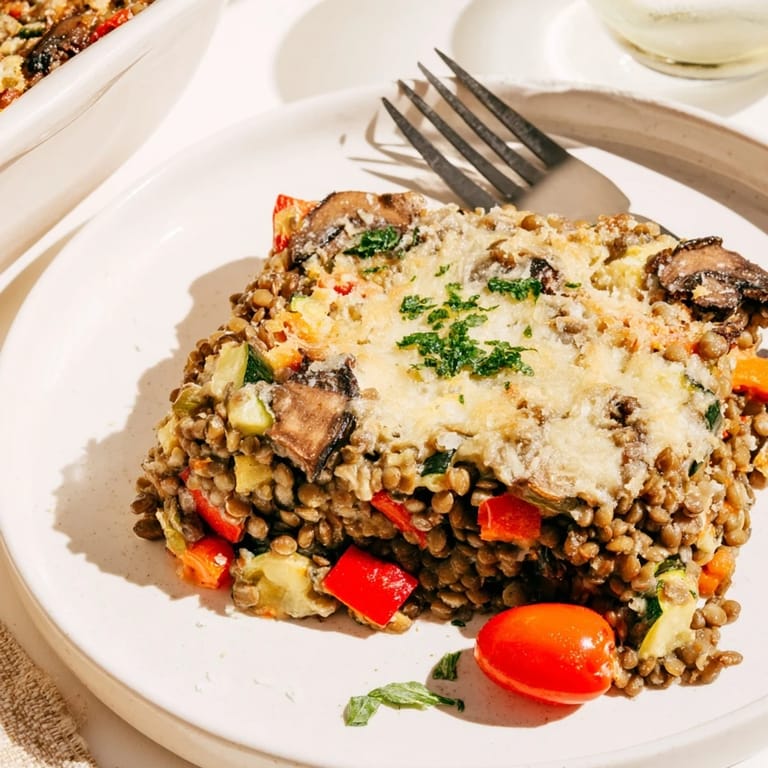 The Green Lentil and Vegetable Casserole features colorful vegetables and herbs baked to perfection in a rustic baking dish.