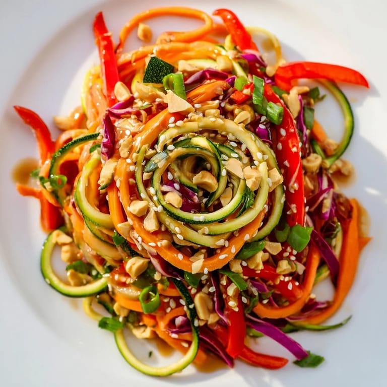 Spiralized zucchini and carrot noodles in a colorful Raw Vegetable Noodle Salad, garnished with toasted sesame seeds and fresh cilantro.  