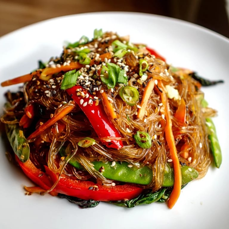 A steaming pan of Kelp Noodle Stir-Fry, featuring bright red bell peppers, snap peas, and tender greens.