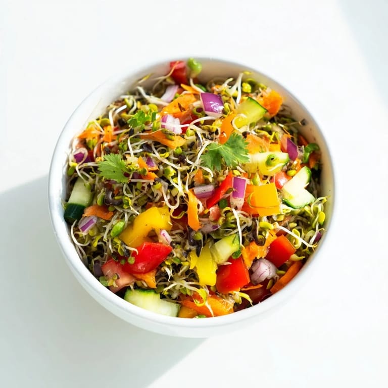 Close-up of Sprouted Seed Salad featuring crisp sprouts, diced vegetables, and a zesty olive oil dressing, arranged beautifully for a refreshing starter or light lunch.
