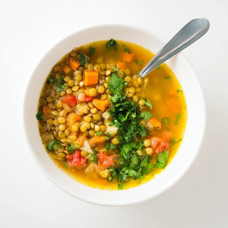 A nourishing ladle of homemade Mung Bean Soup, rich with turmeric and cumin, ready to be topped with cilantro for a gluten-free family dinner.
