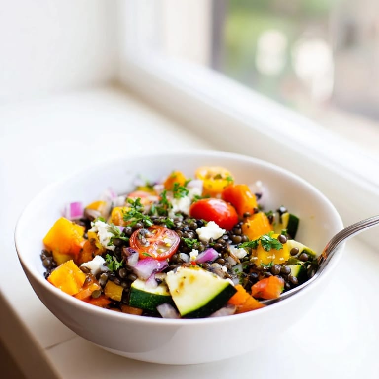 Hearty vegetarian black lentil salad with roasted vegetables, served on a rustic plate with extra lemon wedges and fresh parsley, perfect for a light dinner.