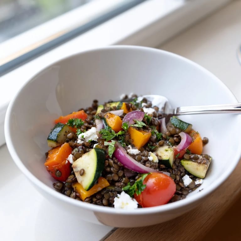 A close-up of warm black lentil salad with roasted vegetables, drizzled with lemon-Dijon dressing and topped with crumbled feta cheese for a Mediterranean meal.