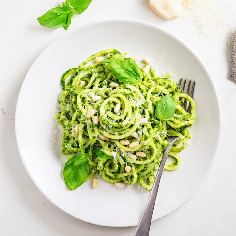 A close-up of spiralized zucchini sautéed in pesto, topped with pine nuts and a sprinkle of red pepper flakes.  