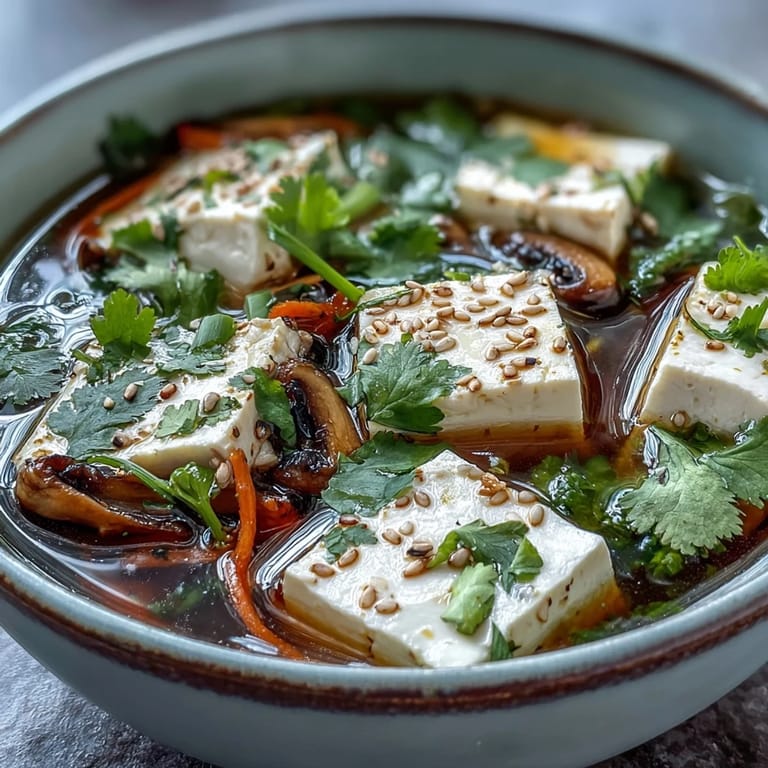 Asian-inspired Tofu and Vegetable Soup featuring colorful veggies in a clear broth.