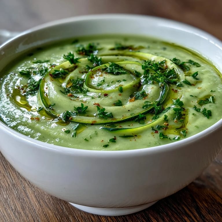 A close-up of chilled Zucchini Soup in a glass jar, topped with chopped parsley and lemon zest.