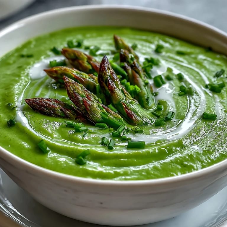 Silky blended Asparagus Soup served with crusty bread and a garnish of blanched asparagus tips.