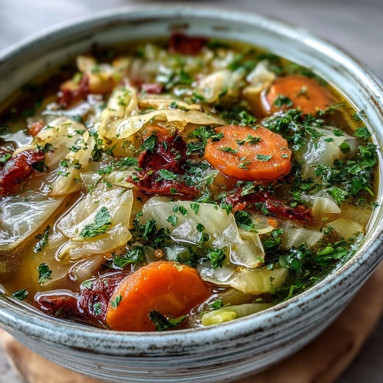 Steaming pot of vegetable Cabbage Soup, ready to serve with fresh parsley garnish and lemon.