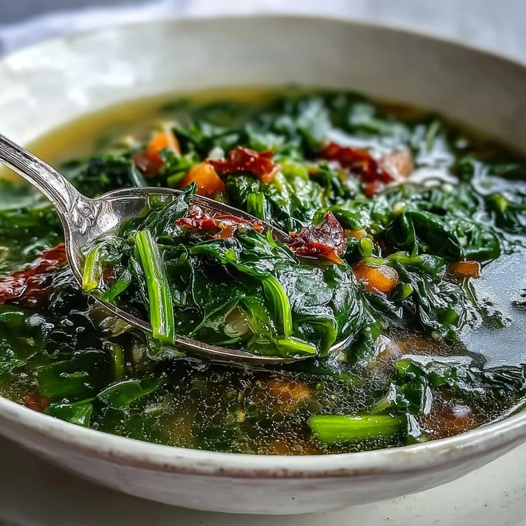 Ladle of steaming Swiss Chard Soup topped with fresh parsley and an optional sprinkle of Parmesan cheese.