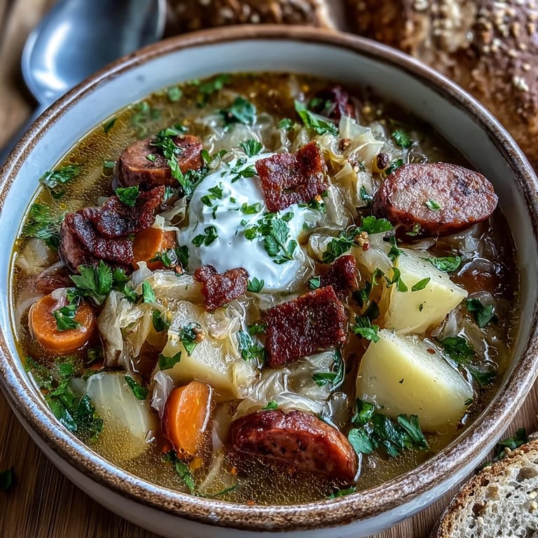 Serving suggestion for rustic Sauerkraut Soup topped with sour cream and served with rye bread.