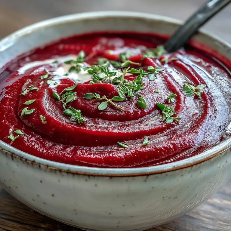 Earthy roasted beet soup swirled with cream and a lemon zest finish.