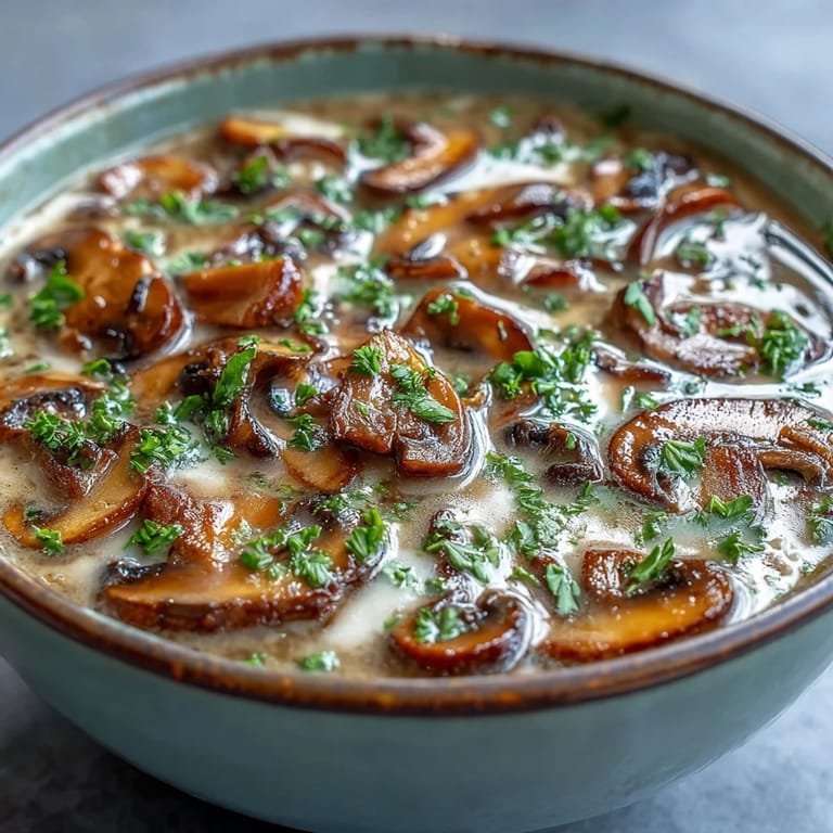 Earthy Mushroom Soup simmering in a pot with vegetables and rich cream.