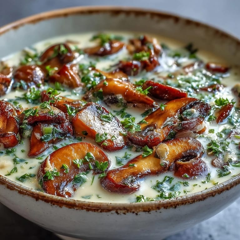 Warm Mushroom Soup served in a rustic bowl with crusty bread nearby.