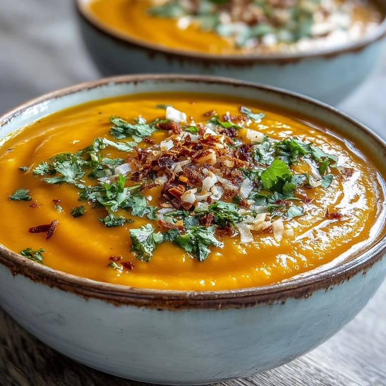 Homemade Carrot and Coconut Soup in a white bowl, topped with fresh herbs and chili flakes for warmth.