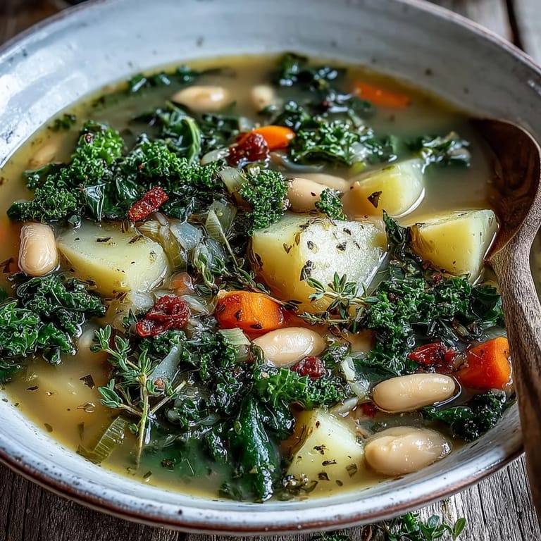 Homemade Kale Soup with colorful carrots and celery, garnished with fresh thyme and black pepper.