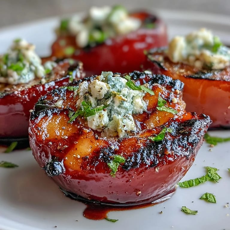 Grilled plums with goat cheese and balsamic glaze, served warm on a platter with fresh herbs.