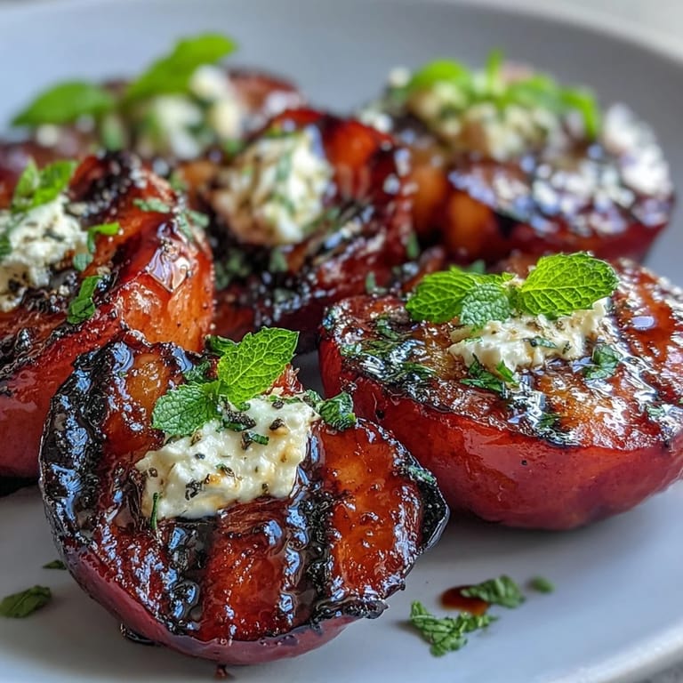 Grilled plums with goat cheese and balsamic glaze, served warm on a platter with fresh herbs.