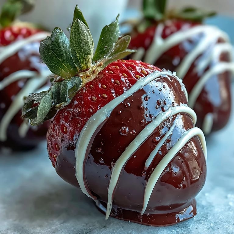 Fresh chocolate-covered strawberries artfully drizzled with white chocolate and sprinkled with chopped nuts, perfect as a heartfelt homemade gift.