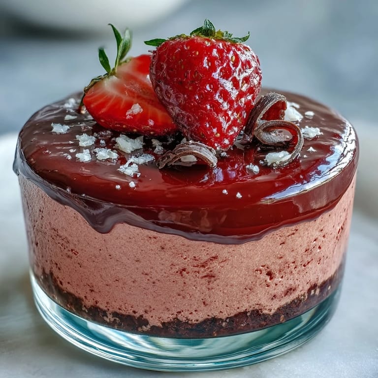 Airy strawberry mousse topped with glossy chocolate ganache, perfect for a gluten-free dessert.