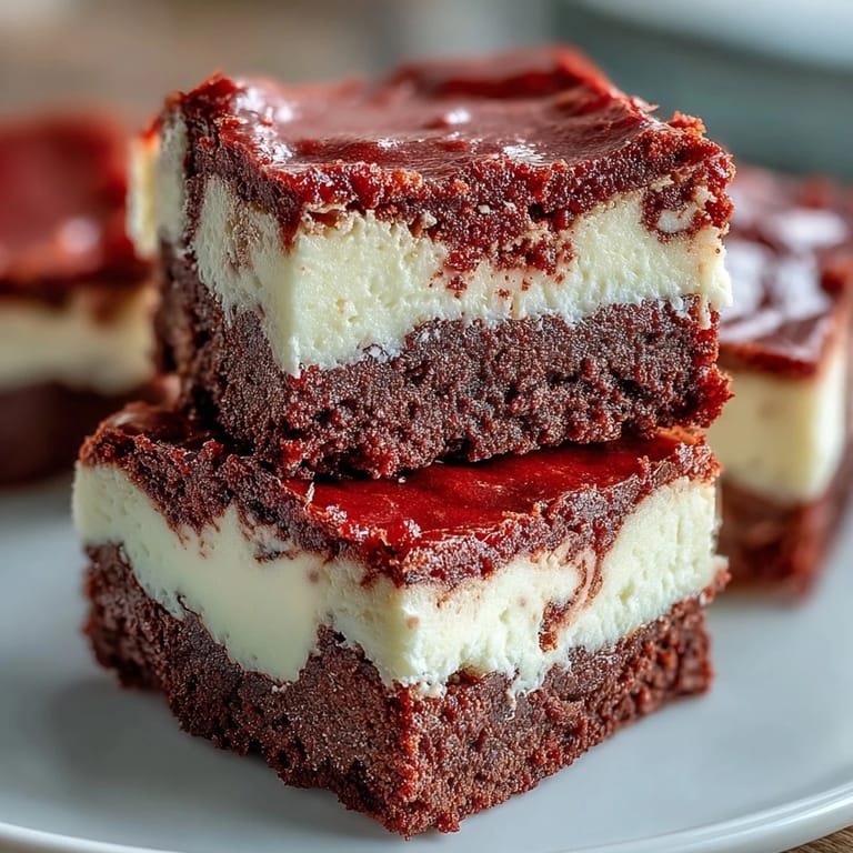 Decadent Red Velvet Cheesecake Brownies dusted with powdered sugar on a white plate, perfect for holiday dessert platters.
