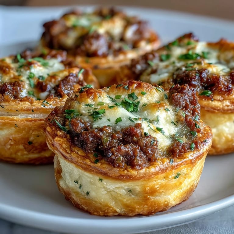 A tray of Mini Beef Tourtières showcases the savory ground beef and spice filling peeking from a fork-pressed crust.