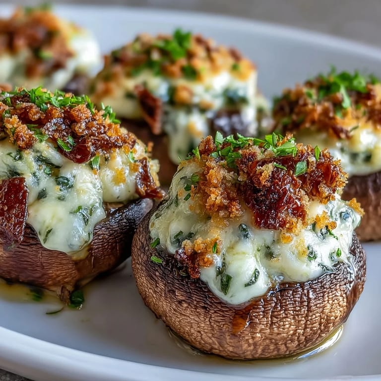 Freshly baked Stuffed Asiago-Basil Mushrooms served warm on a tray, perfect for easy entertaining.